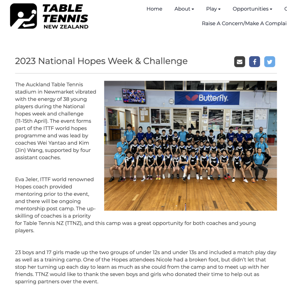 Table Tennis New Zealand Hopes Week